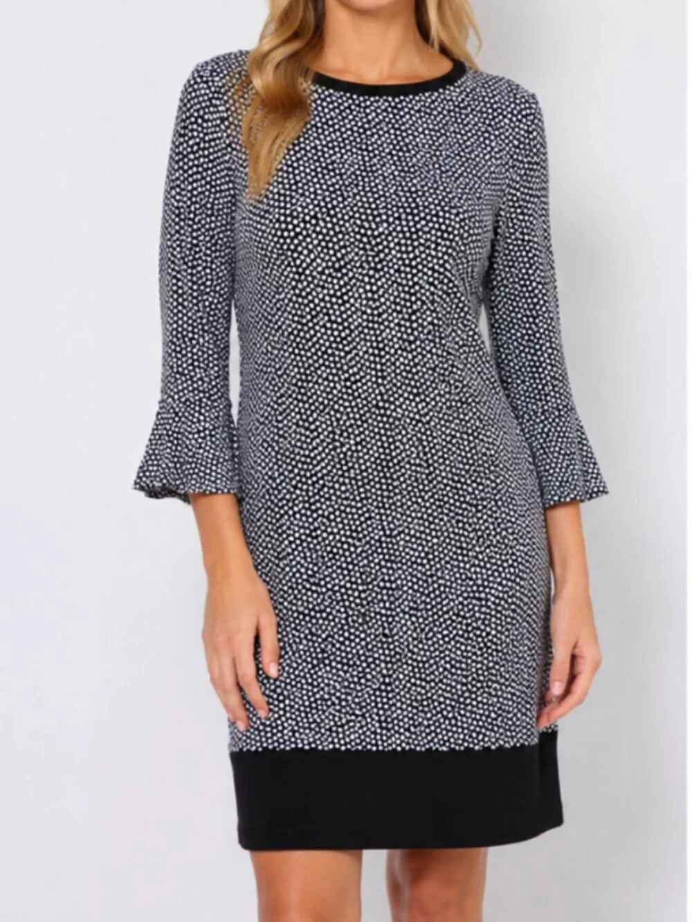 Michael Kors Black White Polyester Stretch 3/4 Sleeve Shift Dress Size M
